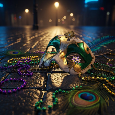 Carnival mask with feathers and beads on the street at nightの素材