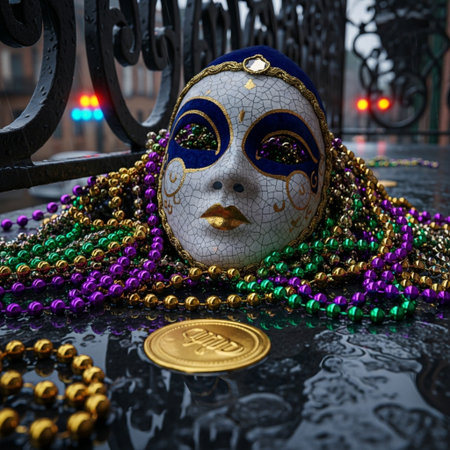 Mardi Gras mask with gold coin and beads on a black backgroundの素材