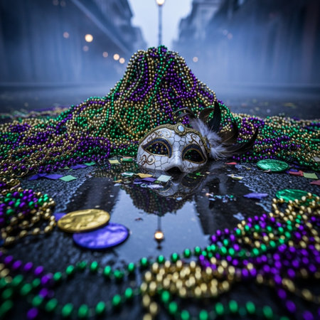 Venetian carnival mask with colorful beads and coins on the floor.の素材
