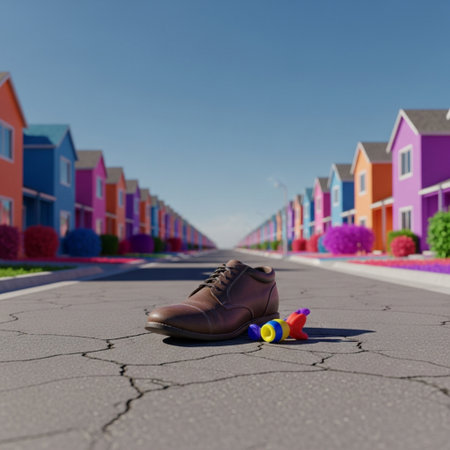 A pair of shoes on the road with colorful houses in the backgroundの素材