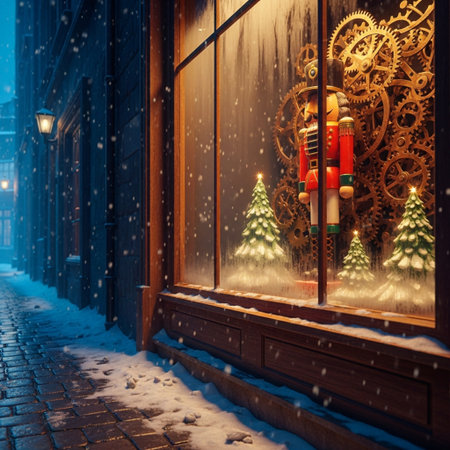 Santa Claus on the window of a shop in a snowy night.の素材