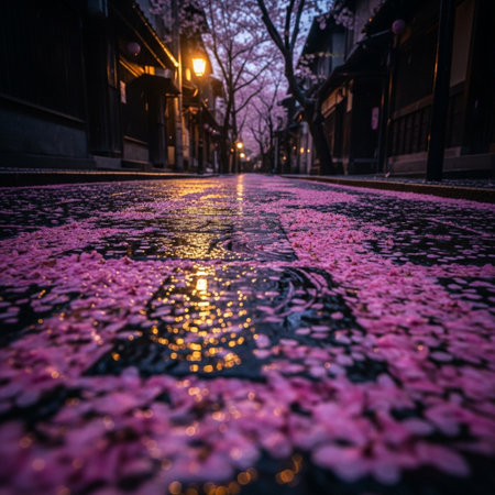 Beautiful cherry blossom petals falling on the street in Kyoto, Japanの素材