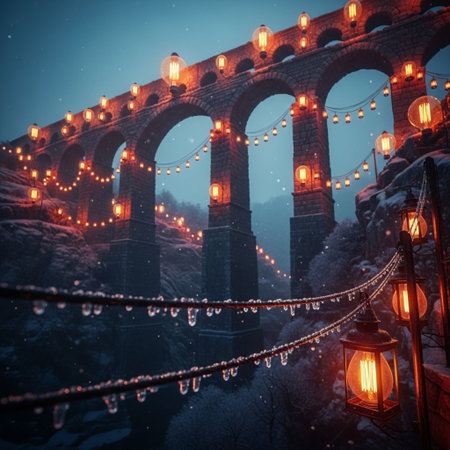 Night view of medieval bridge with glowing lanterns on foggy winter nightの素材