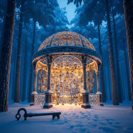 Gazebo in the winter forest at night. 3d renderingの素材