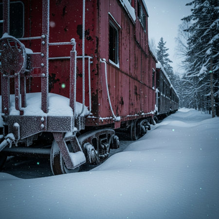 Old train on the tracks in the winter forest. Retro style.の素材