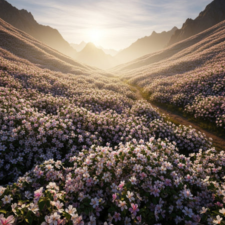 Beautiful spring landscape with flowers in the mountains at sunset, Chinaの素材