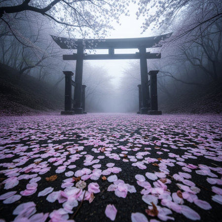 Mysterious Japanese temple in a foggy morning with pink cherry blossomsの素材
