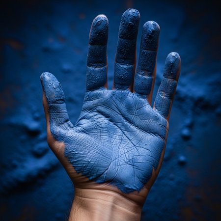Man hand with dirty blue paint on dark blue background, conceptual image of human rightsの素材