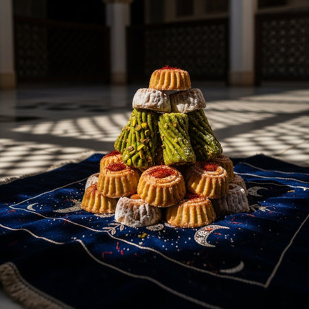 Traditional turkish cookies with pistachios on a blue napkinの素材