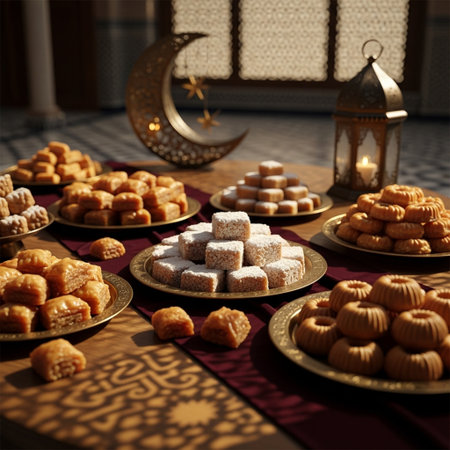 Traditional Arabic sweets on the table. Selective focus. Shallow depth of fieldの素材
