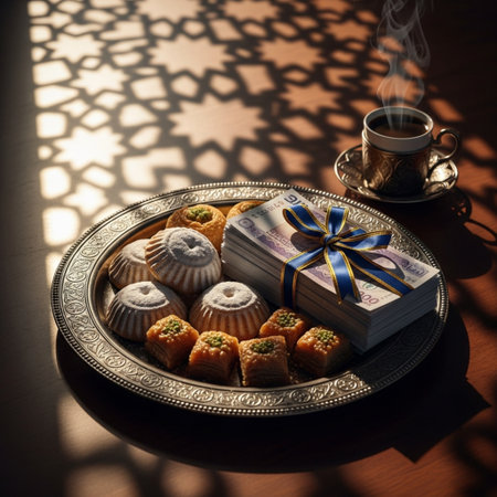 Traditional oriental sweets and tea on a table. Selective focus.の素材