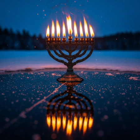 Jewish holiday Hanukkah with menorah (traditional candelabra) and burning candlesの素材