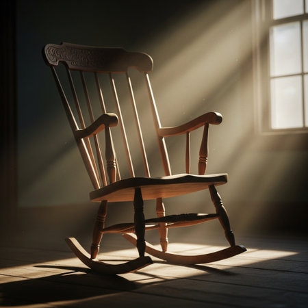 Wooden rocking chair in a room with sunlight coming through the windowの素材
