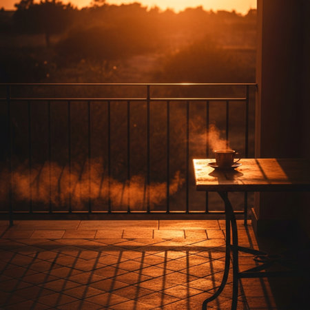 Sunset at the balcony with a cup of coffee and a tableの素材