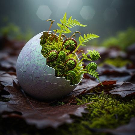 Easter egg with sprouts of ferns on moss backgroundの素材