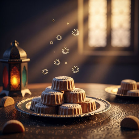 Chocolate candies with snowflakes and lanterns on a dark backgroundの素材