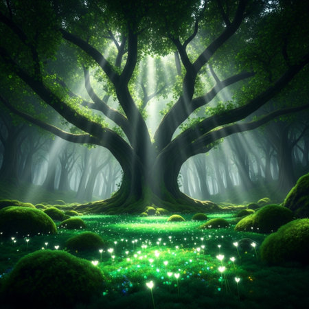 Fantasy green forest with big tree and rays of light on itの素材