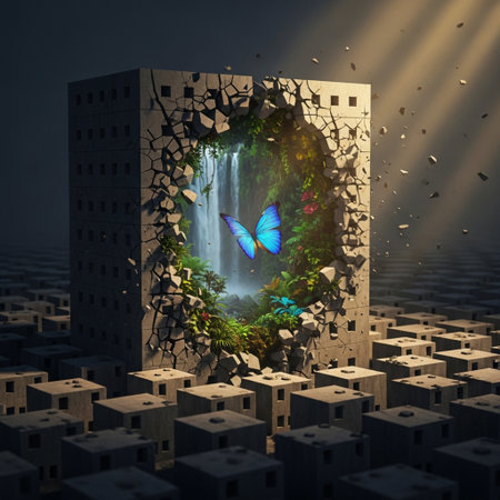 Fantasy landscape with a waterfall and a butterfly. 3d renderingの素材