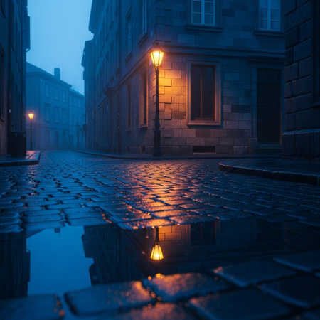 Wet cobblestone street in the old town at night.の素材