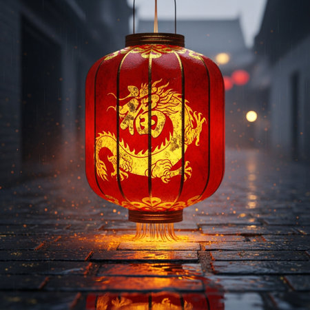 Chinese lantern in the foggy street. 3D Illustration.の素材