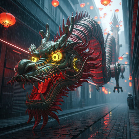 Chinese dragon statue on the street in the foggy night, 3d renderingの素材