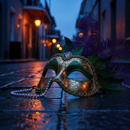 Carnival mask with feathers and beads on the street at nightの素材