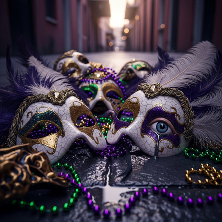Venetian carnival masks with feathers and beads on a dark backgroundの素材