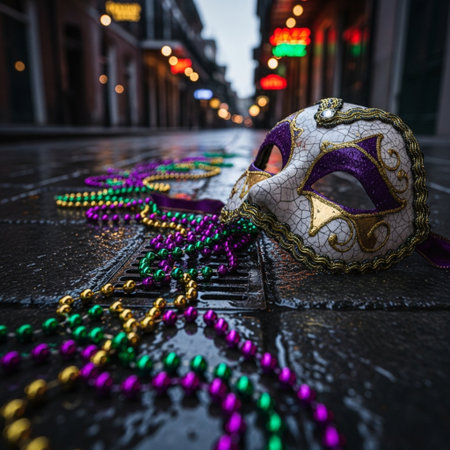 Carnival mask and beads on a wet street in Venice, Italyの素材