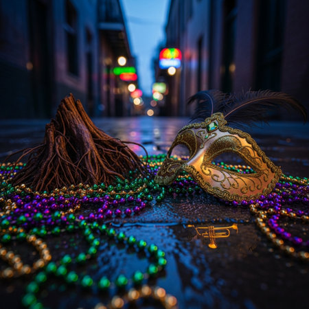 Traditional venetian carnival mask with beads on the street.の素材