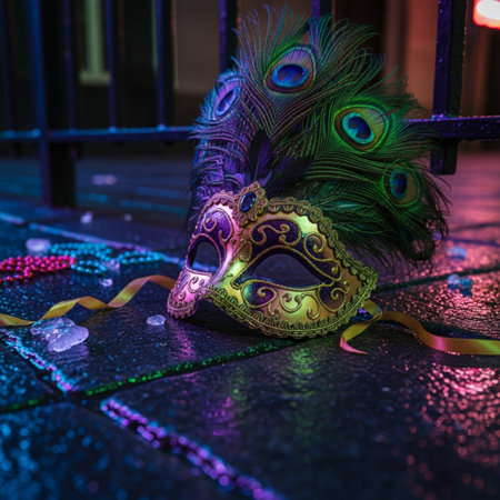 Carnival mask with feathers on the floor in the street.の素材
