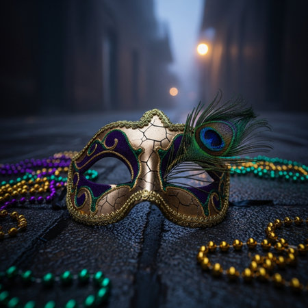 Traditional Venetian carnival mask with feathers and beads on wooden background. Selective focus.の素材