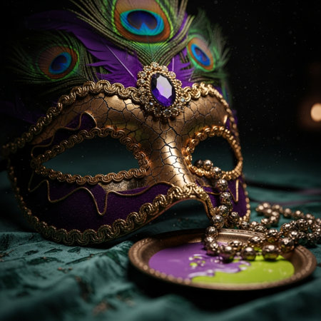 Venetian carnival mask with feathers and beads on dark backgroundの素材