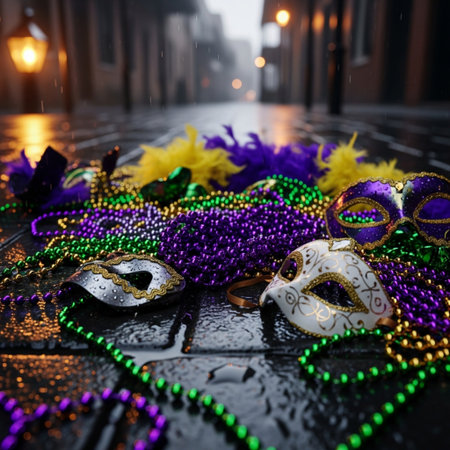 Traditional Venetian carnival masks with colorful beads on wet streetの素材