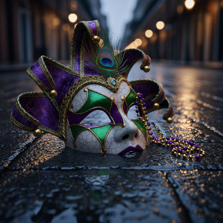Traditional venetian carnival mask on a wet street in Venice, Italyの素材