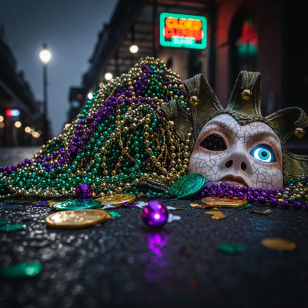 Mardi Gras mask with beads and coins on the street.の素材