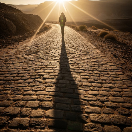 Silhouette of a woman walking on a cobblestone road in the desertの素材