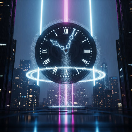 3D rendering of a clock on the night city background. Time conceptの素材