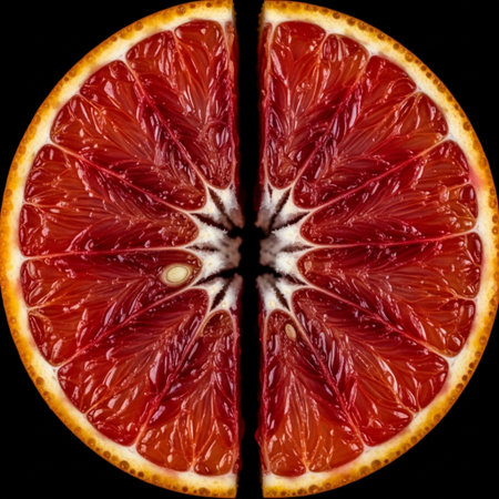Slices of red blood orange on a black background close-upの素材