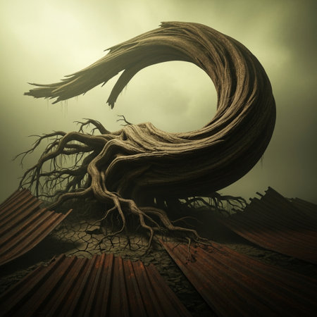 3D Illustration of a Tree in a Dark Stormy Landscapeの素材