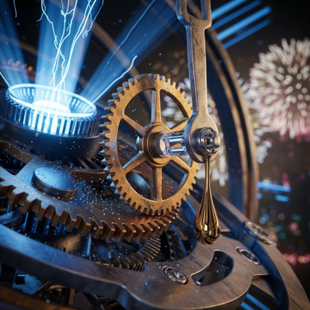 Time concept with clockwork gear mechanism and lightning. 3D renderingの素材