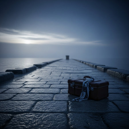 Luggage on the pier in the misty morning. Toned.の素材
