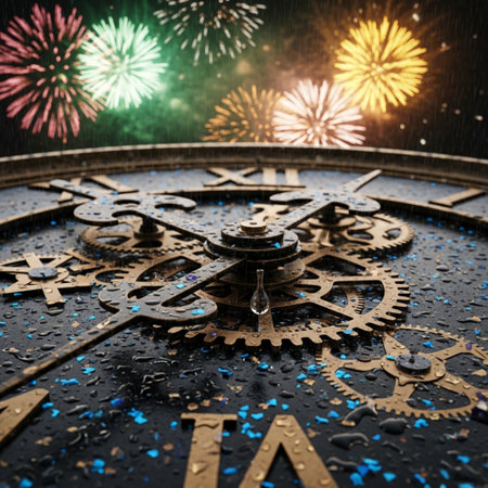 Old clock face with firework in the background. Conceptual imageの素材
