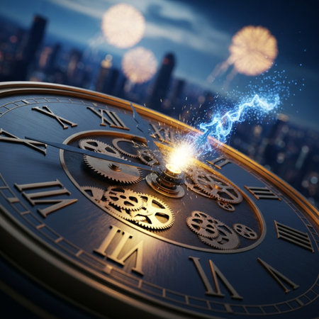 Conceptual image with clock face and sparkler against night cityの素材