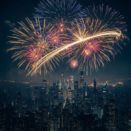 Fireworks over hongkong skyline at night, Hong Kongの素材