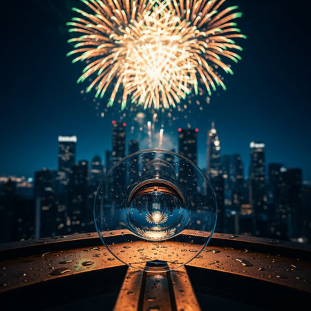 Colorful fireworks and glass of wine on the background of the night cityの素材