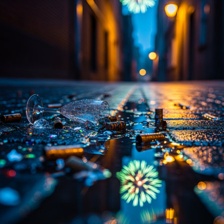 Broken glass on the city street at night. Selective focusの素材