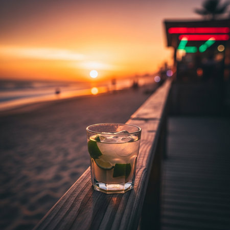 Cocktail mojito on the beach at sunset time.の素材