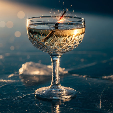 Cocktail in a martini glass with a burning sparkler on a dark backgroundの素材