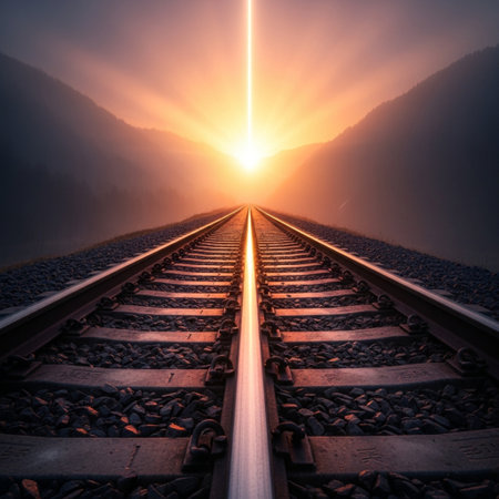 Railway in the foggy mountains at sunset, retro tonedの素材