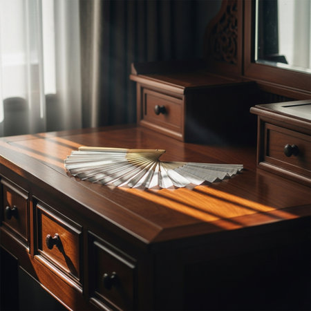 Folding fan on an old chest of drawers in the roomの素材